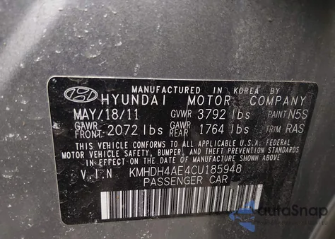 2012 Hyundai Elantra Gls (Ulsan Plant) z USA, uszkodzony, nr VIN KMHDH4AE4CU185948